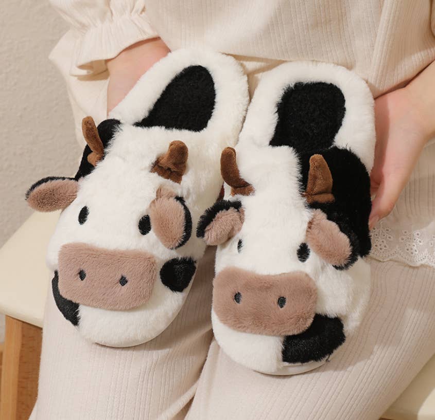 Western Cow Pattern Cute Animal Soft Home Plush Slippers