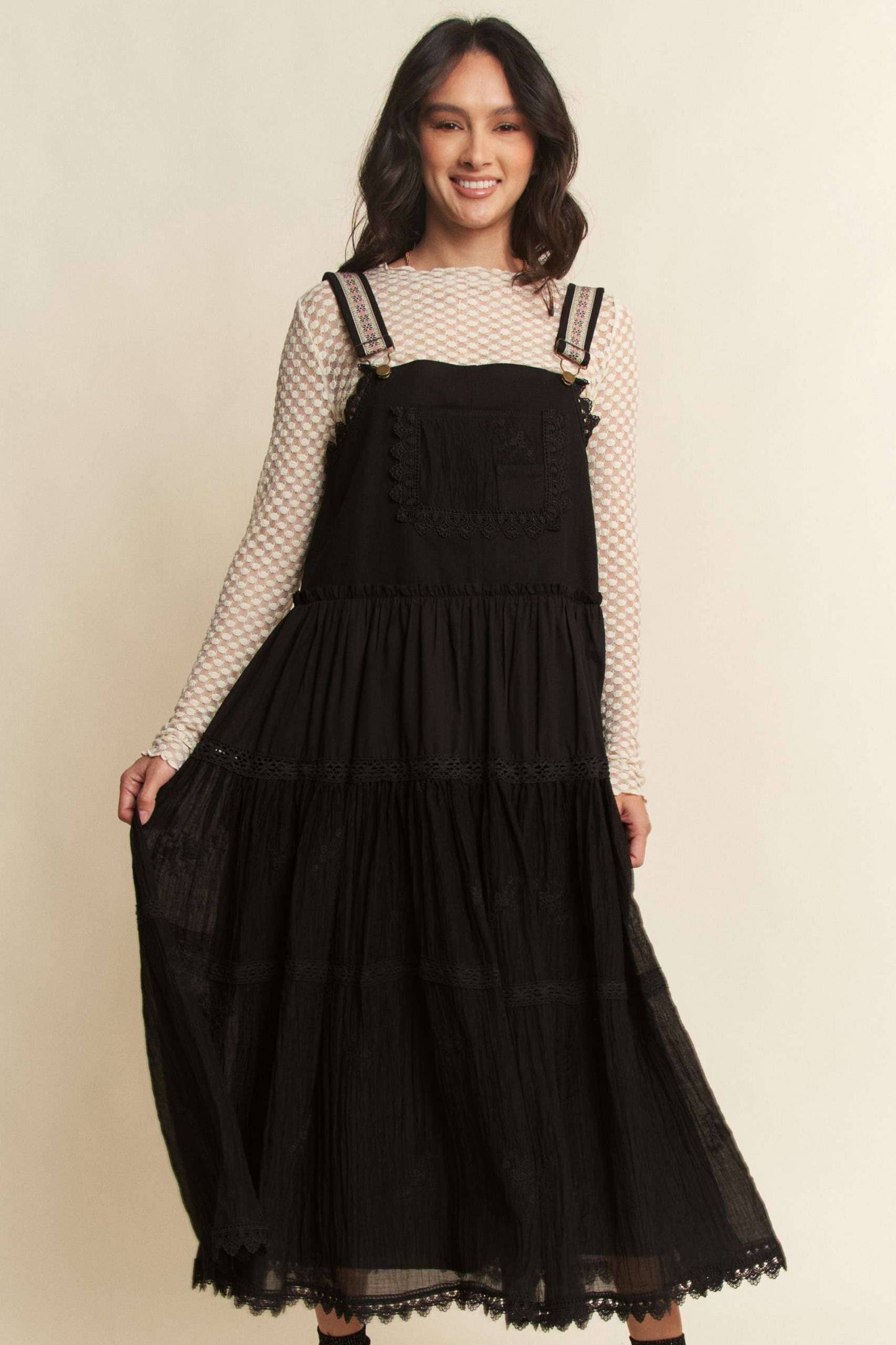 PLUS FRONT POCKET EMBROIDERED LACE PINAFORE DRESS