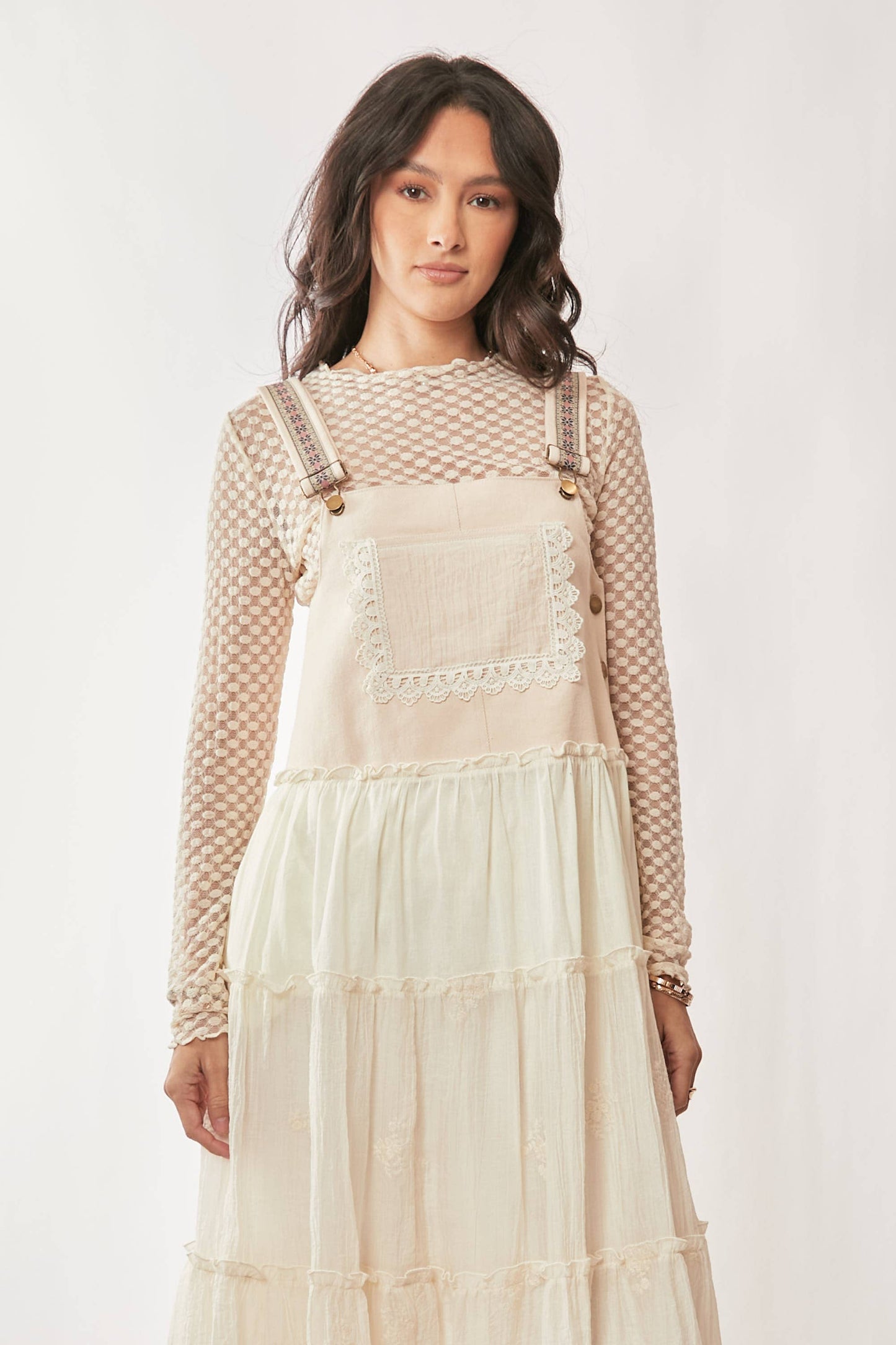 PLUS FRONT POCKET EMBROIDERED LACE PINAFORE DRESS