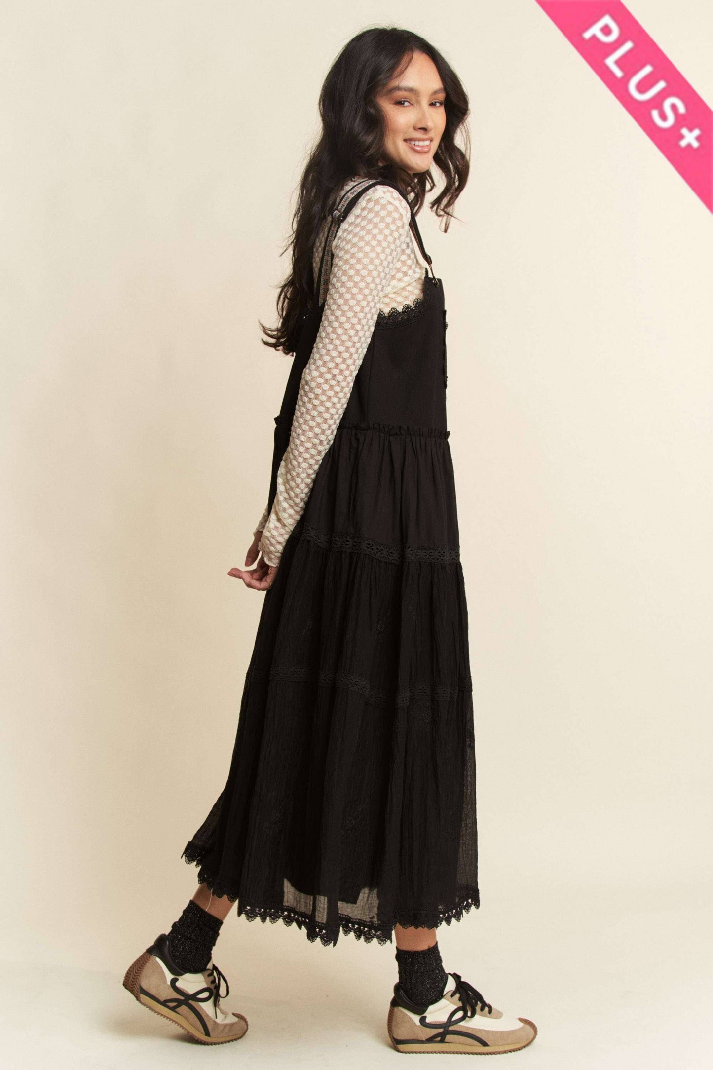 PLUS FRONT POCKET EMBROIDERED LACE PINAFORE DRESS