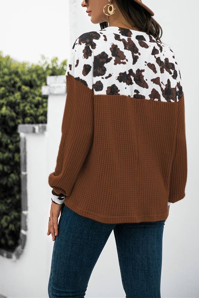 Cow Print Patchwork Western Waffle Knit Blouse Top CF-STC216