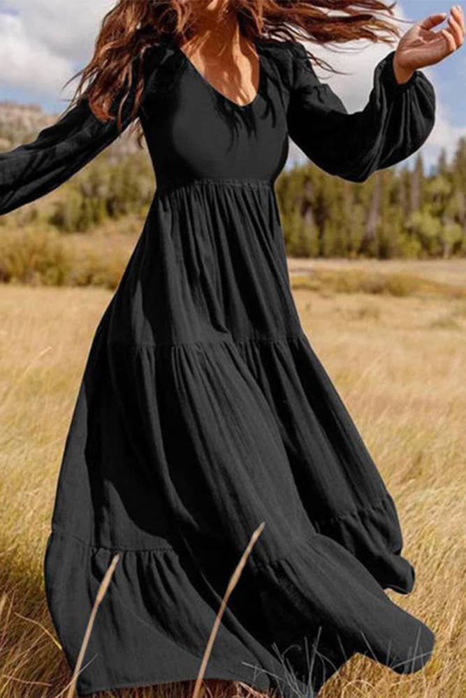 V Neck Puff Sleeves Tiered Maxi Dress ZZKF491