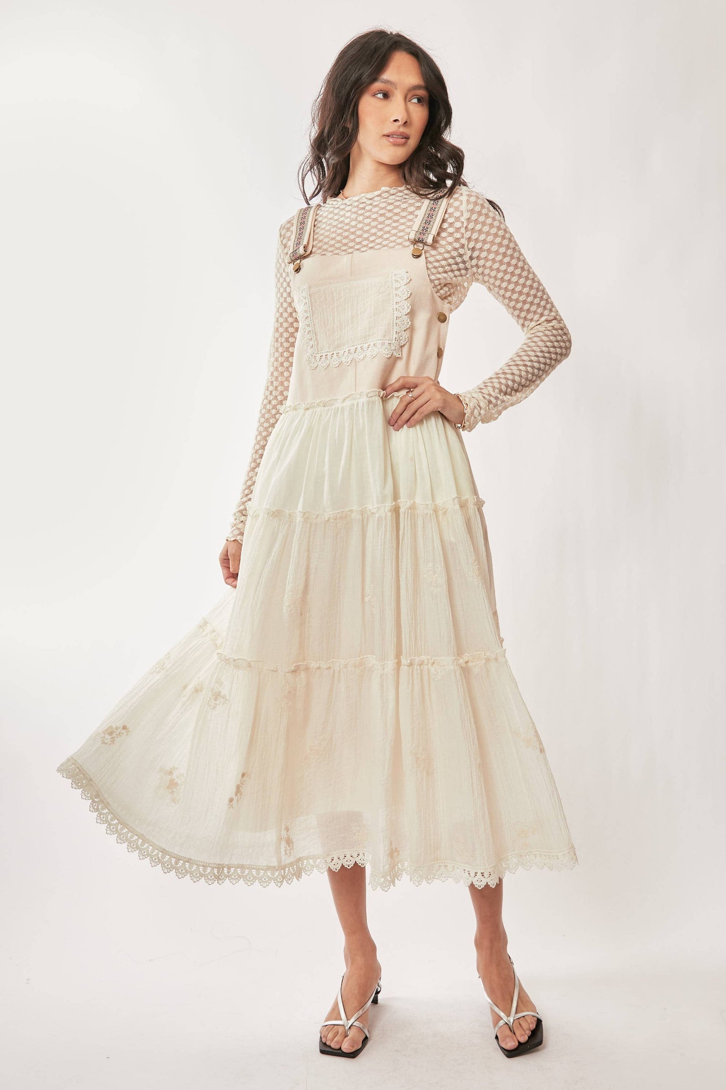 PLUS FRONT POCKET EMBROIDERED LACE PINAFORE DRESS