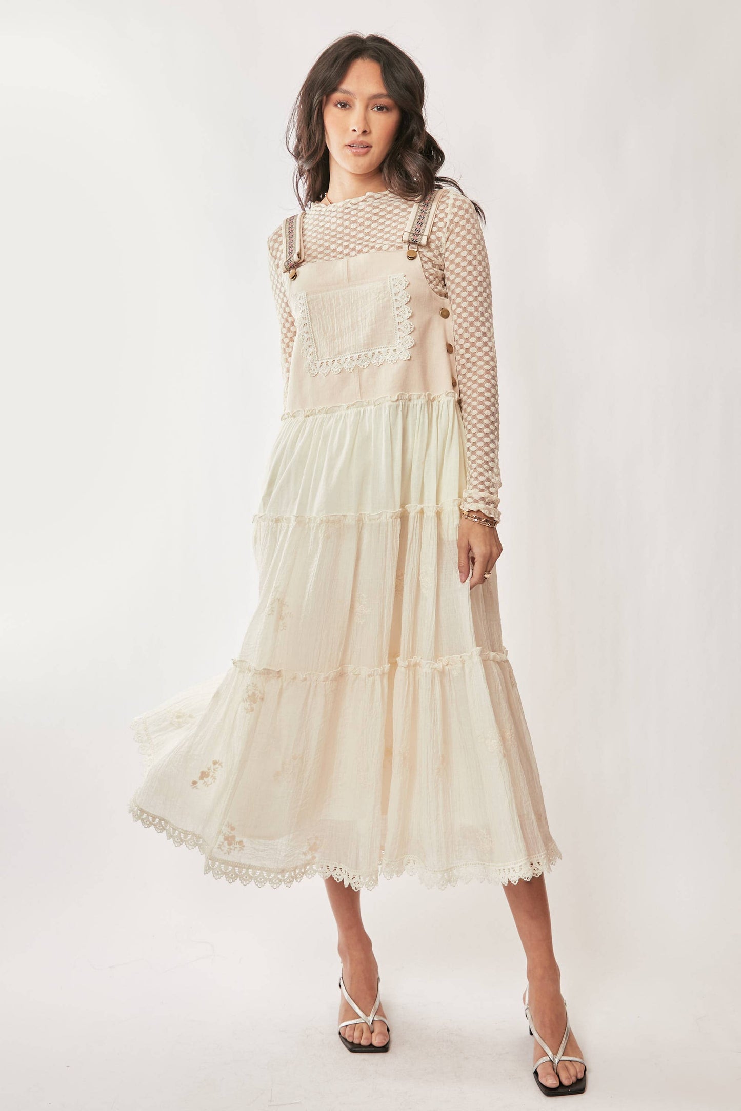 FRONT POCKET EMBROIDERED LACE PINAFORE DRESS
