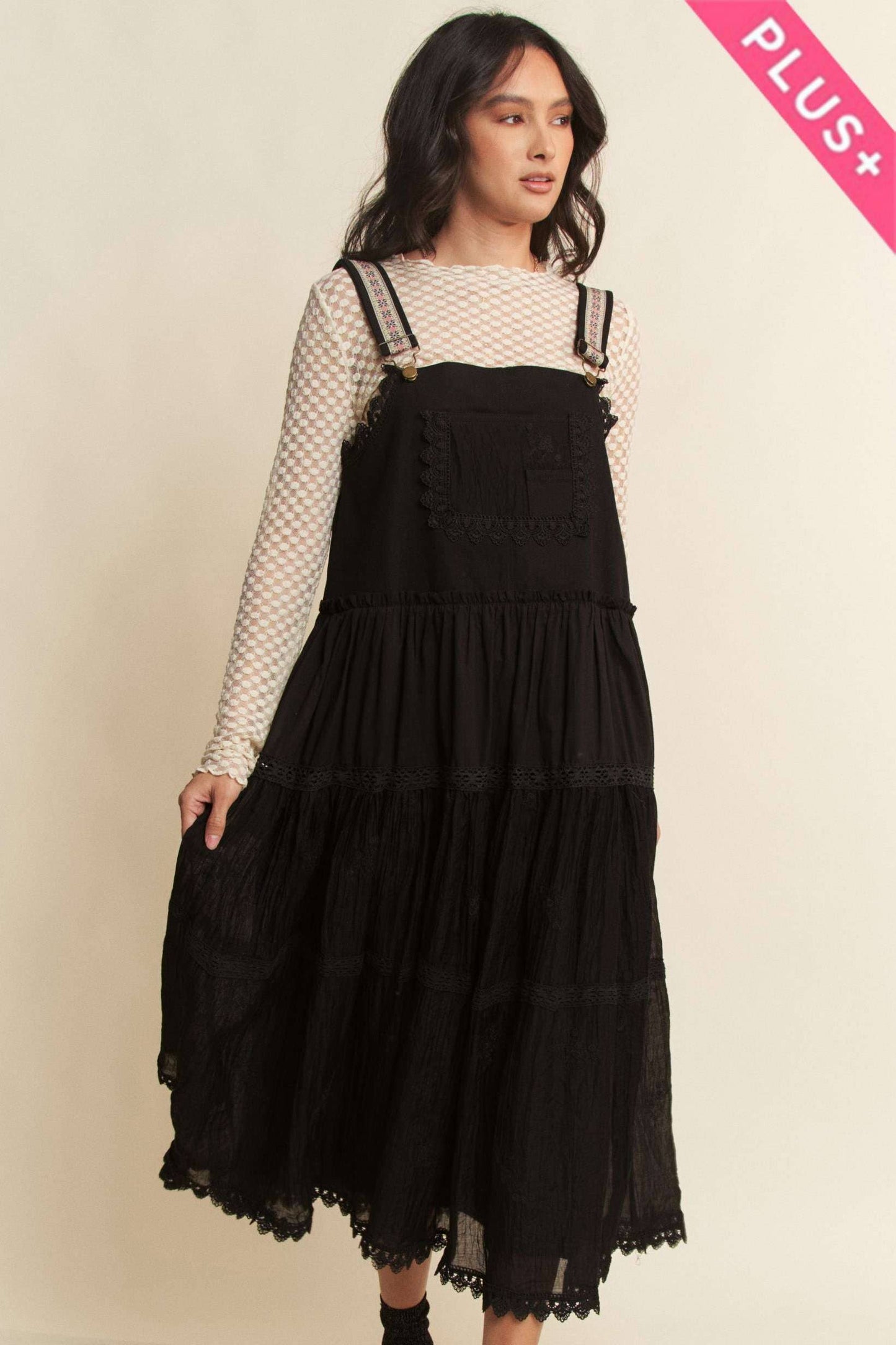 PLUS FRONT POCKET EMBROIDERED LACE PINAFORE DRESS