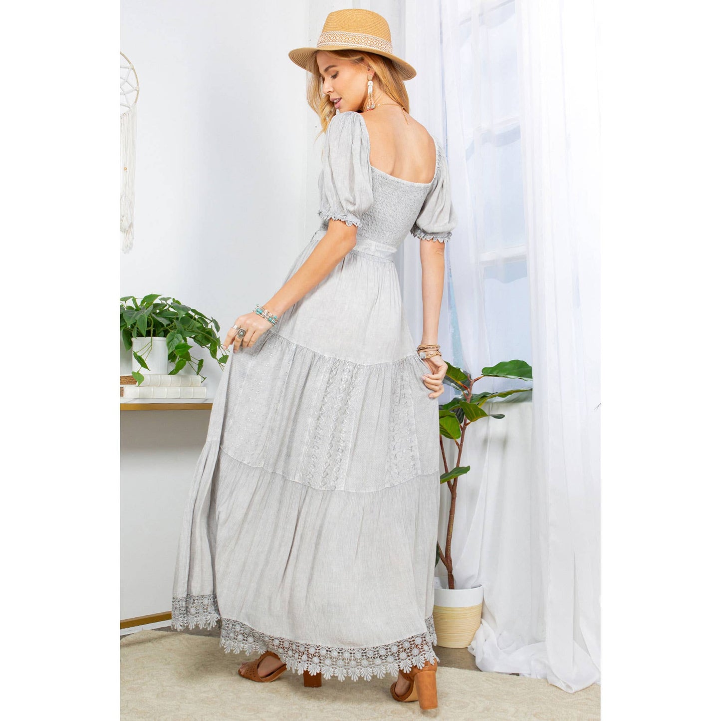 Desert Sunset - Camel Lace-Trimmed Square Neck Dress