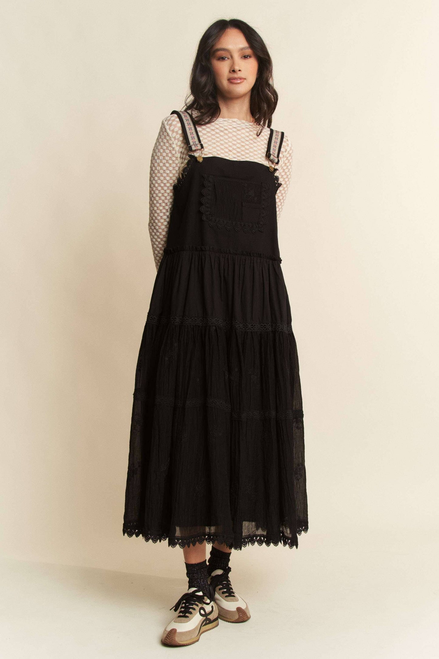 PLUS FRONT POCKET EMBROIDERED LACE PINAFORE DRESS