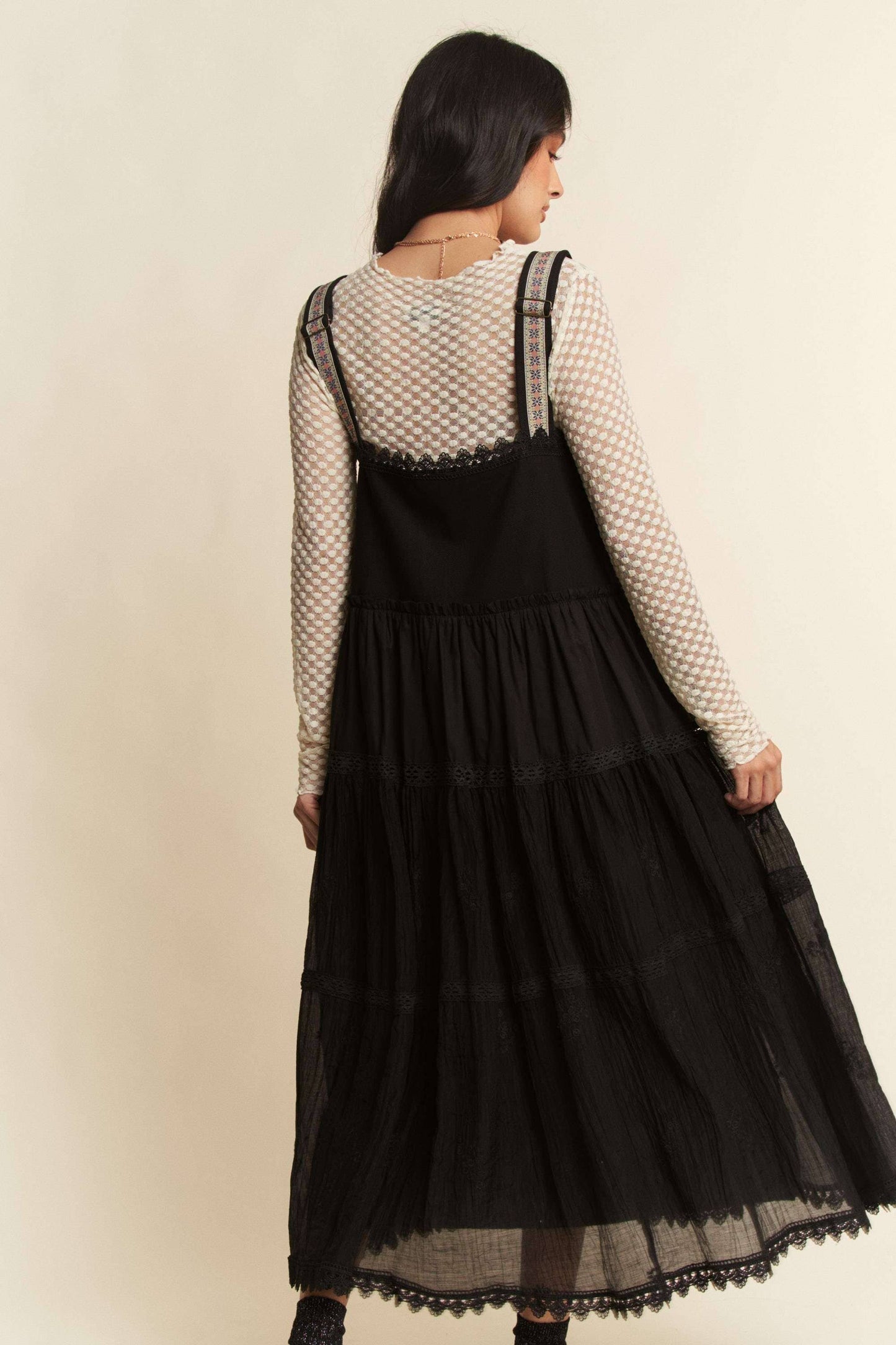PLUS FRONT POCKET EMBROIDERED LACE PINAFORE DRESS