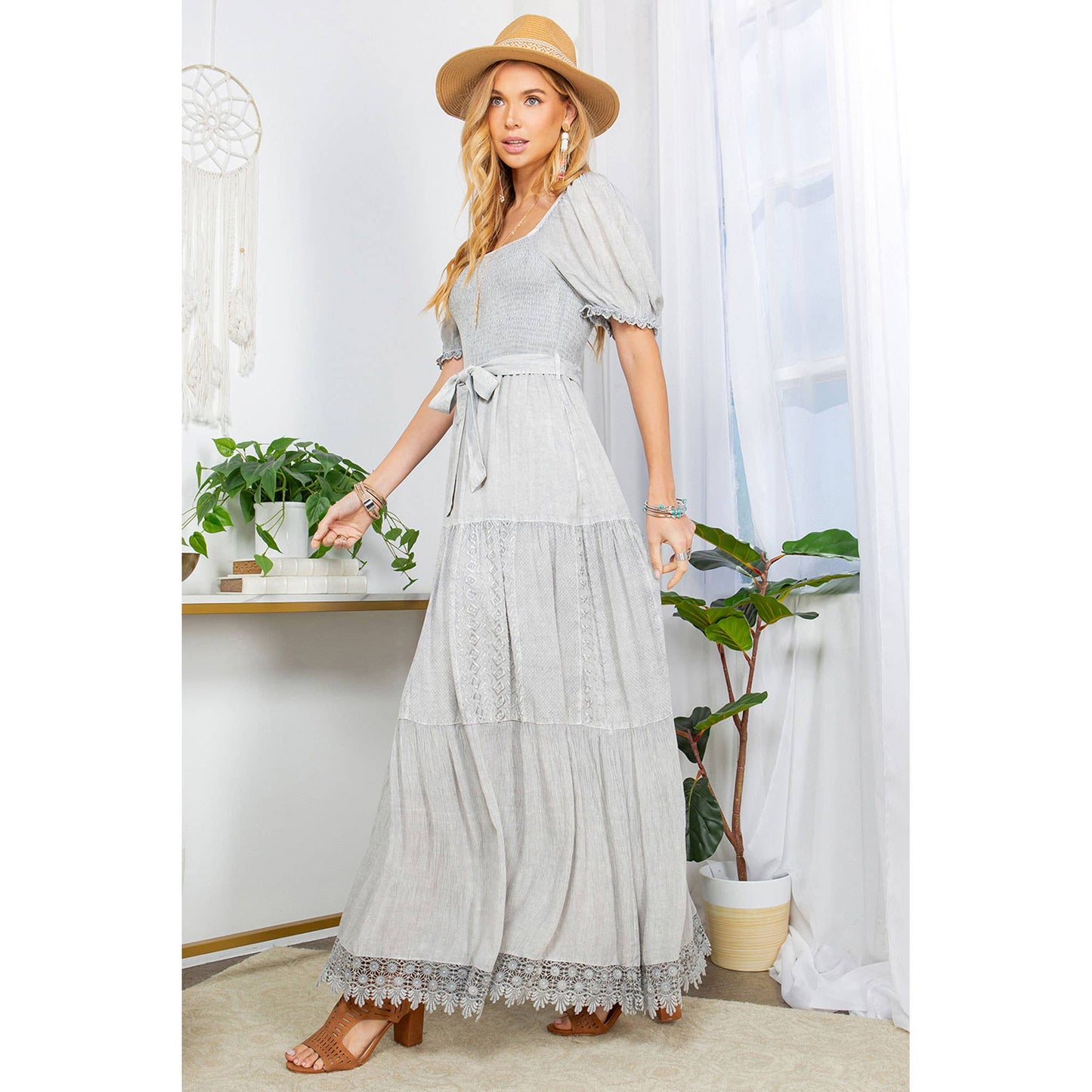 Desert Sunset - Camel Lace-Trimmed Square Neck Dress