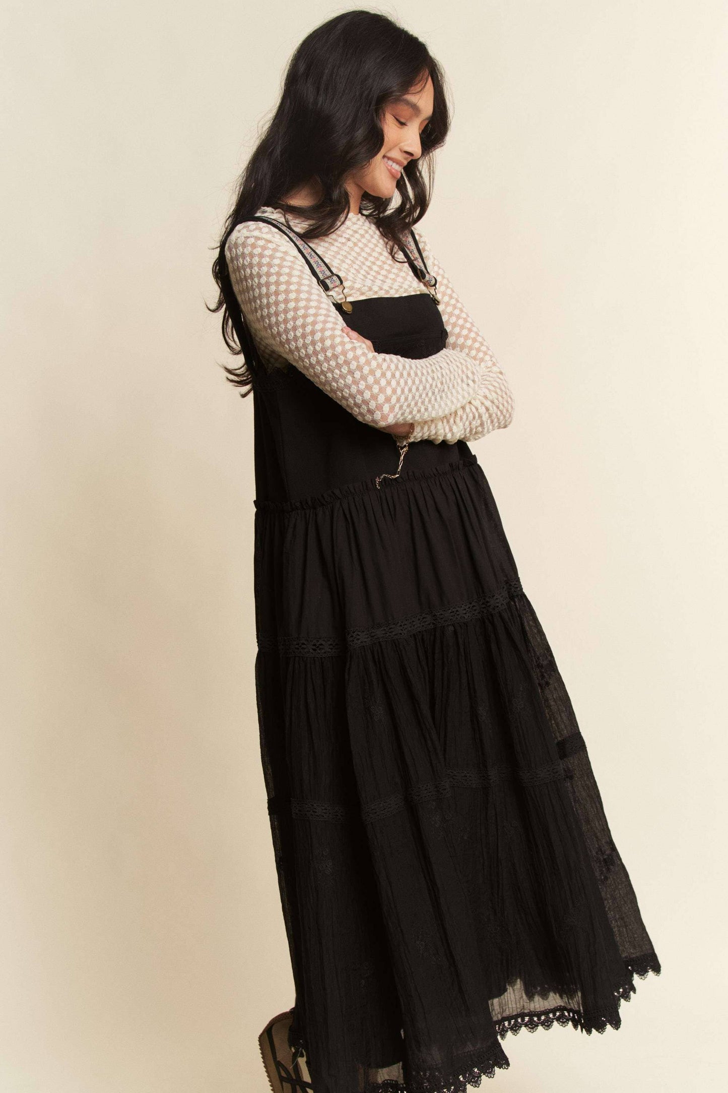 PLUS FRONT POCKET EMBROIDERED LACE PINAFORE DRESS