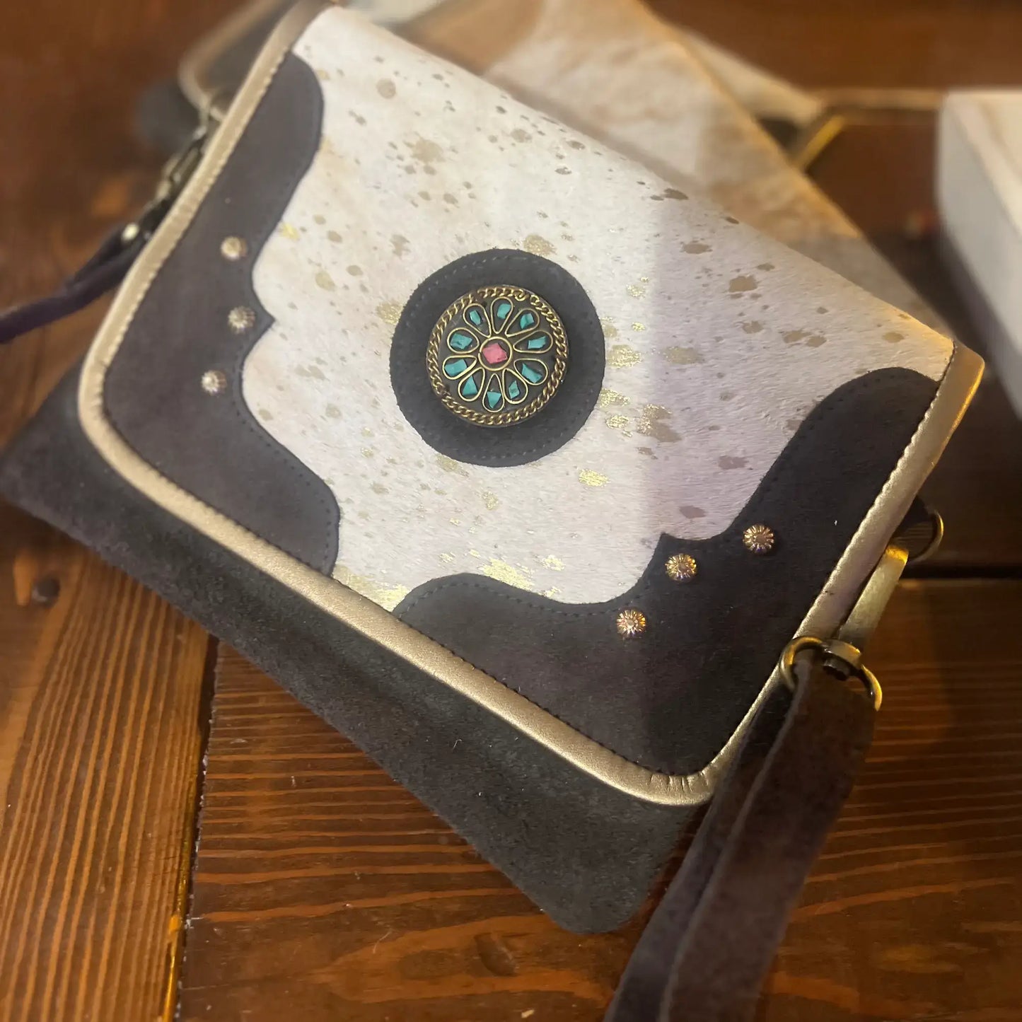 Cowhide Suede rock clutch/ crossbody