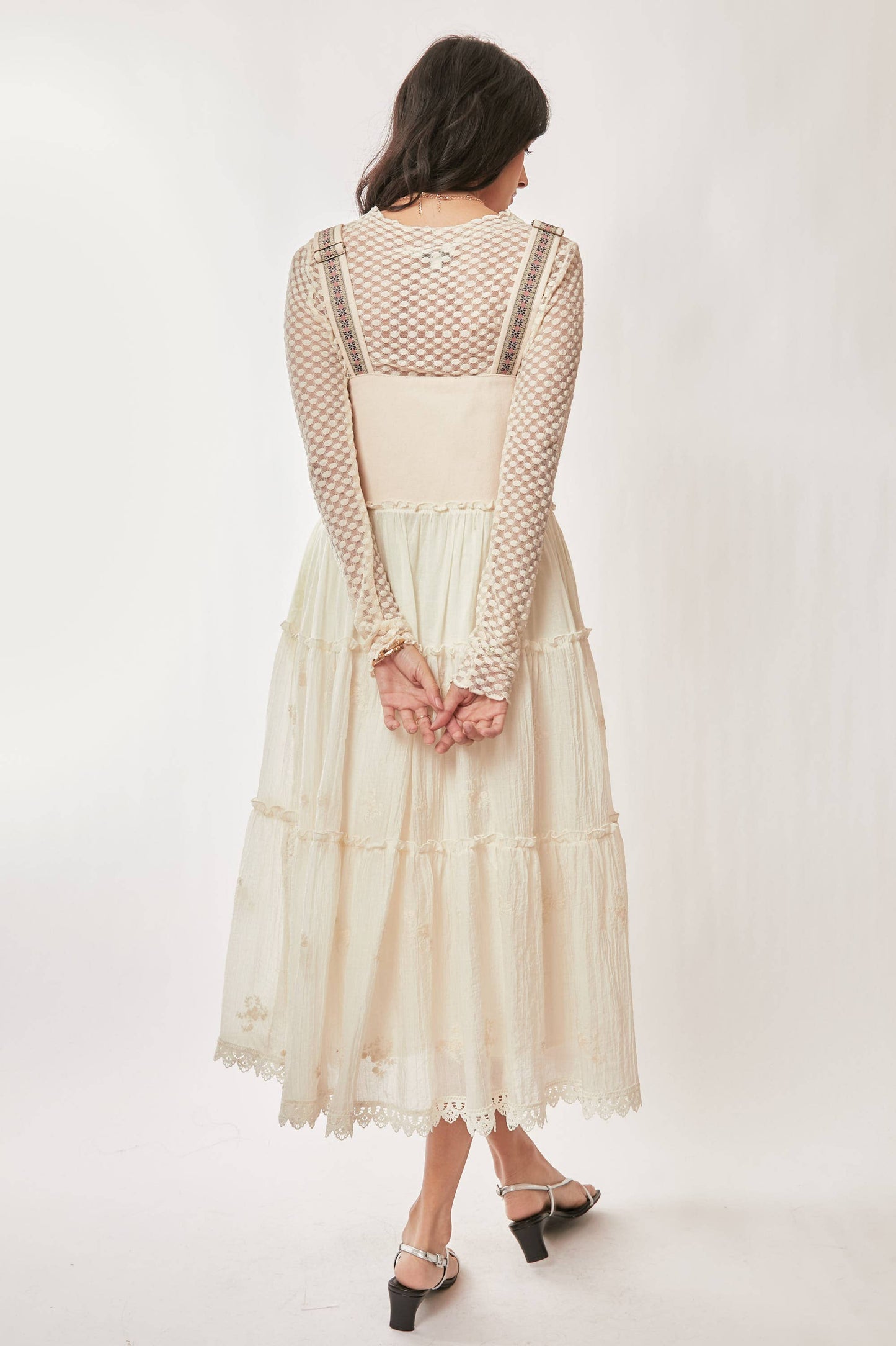 FRONT POCKET EMBROIDERED LACE PINAFORE DRESS