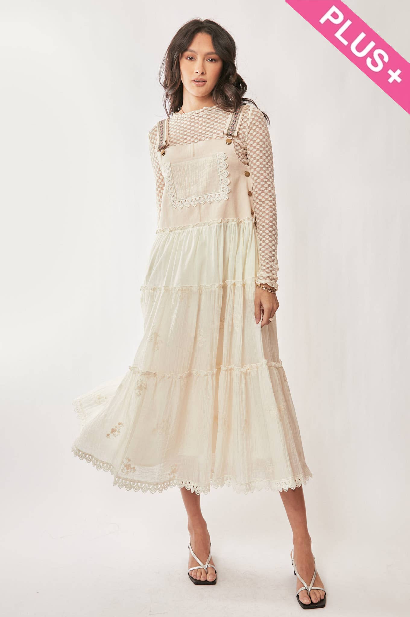 PLUS FRONT POCKET EMBROIDERED LACE PINAFORE DRESS