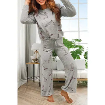 Cowgirl Boots Printed Long Sleeve Top Pants Lounge Set
