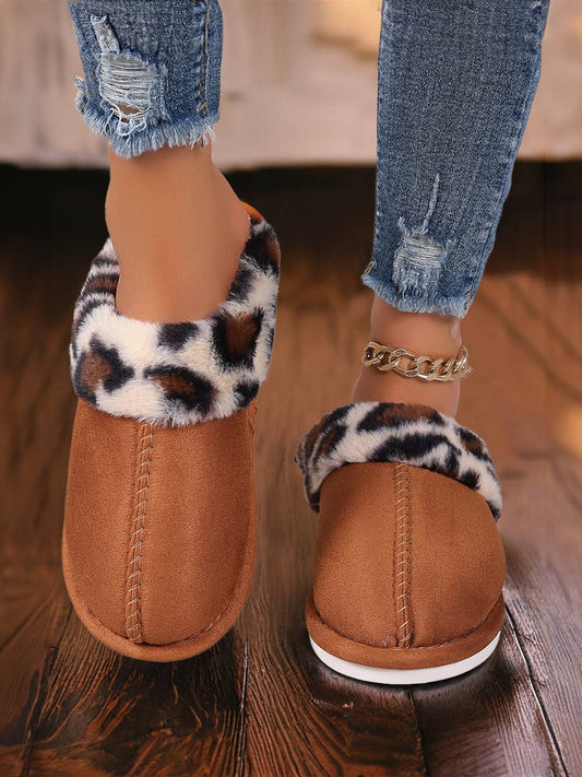 Leopard Patched Plush Lined Thick Home Slippers