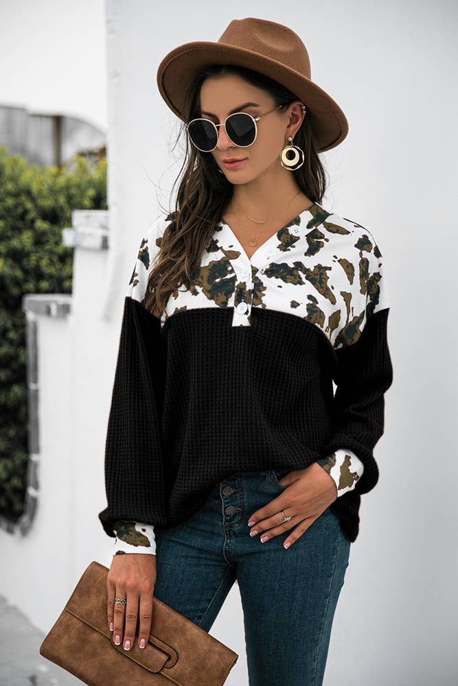 Cow Print Patchwork Western Waffle Knit Blouse Top CF-STC216