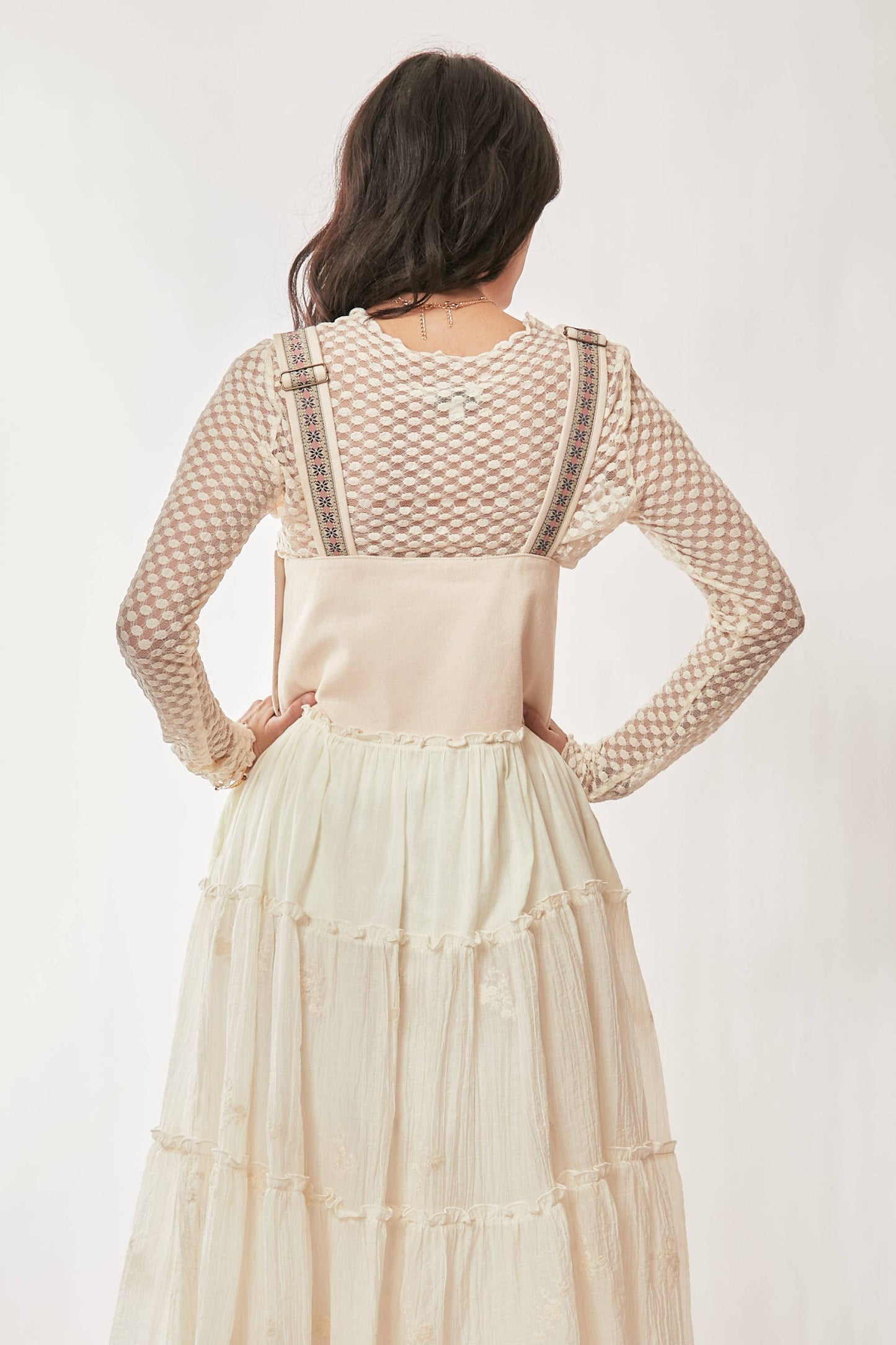 FRONT POCKET EMBROIDERED LACE PINAFORE DRESS
