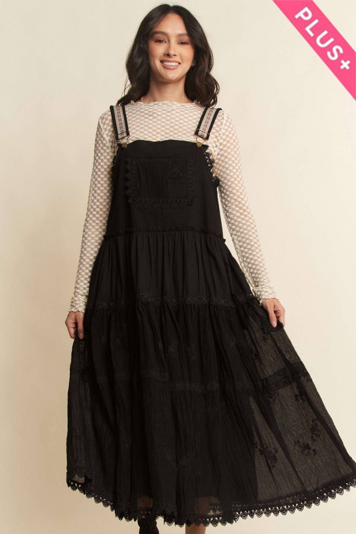 PLUS FRONT POCKET EMBROIDERED LACE PINAFORE DRESS