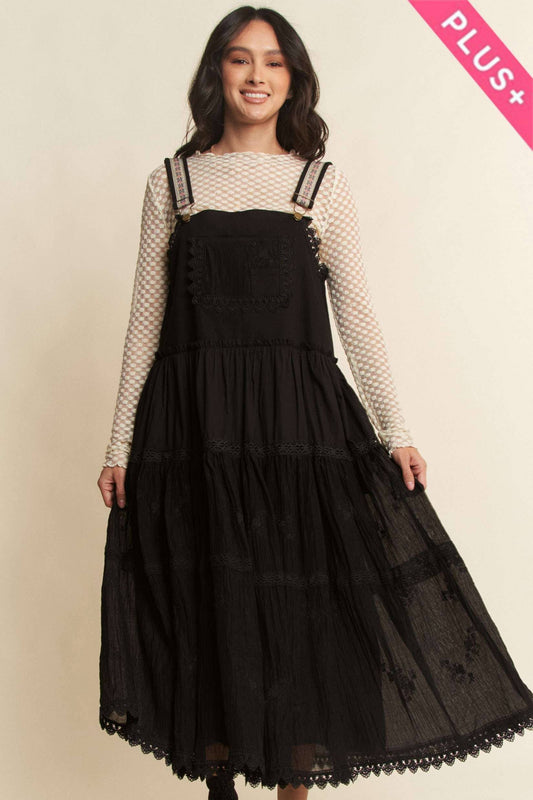 PLUS FRONT POCKET EMBROIDERED LACE PINAFORE DRESS