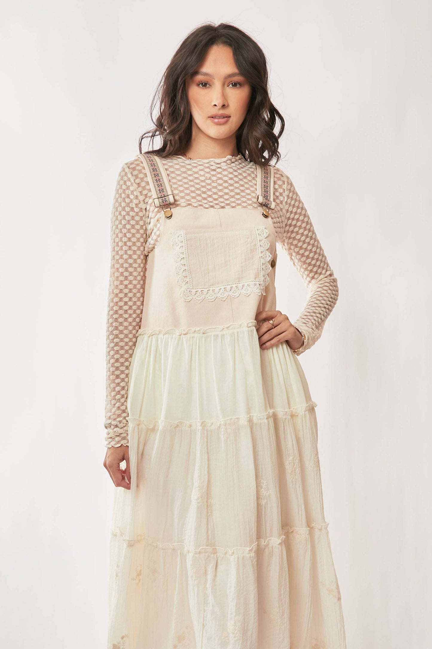 FRONT POCKET EMBROIDERED LACE PINAFORE DRESS