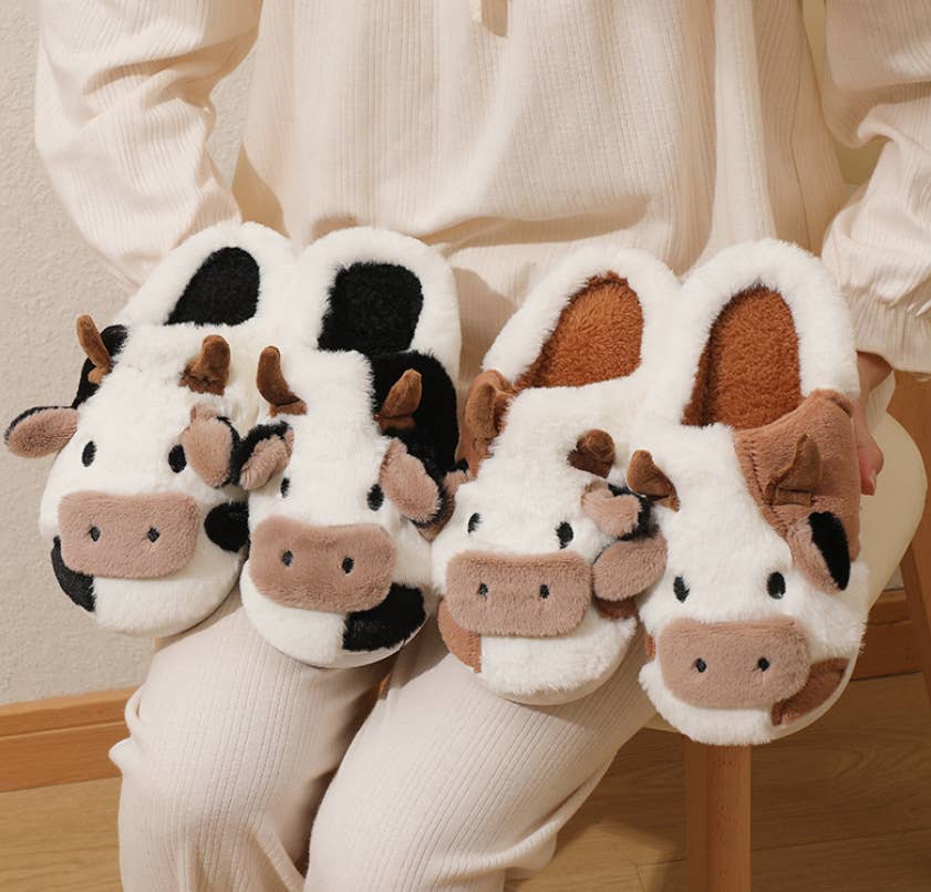 Western Cow Pattern Cute Animal Soft Home Plush Slippers