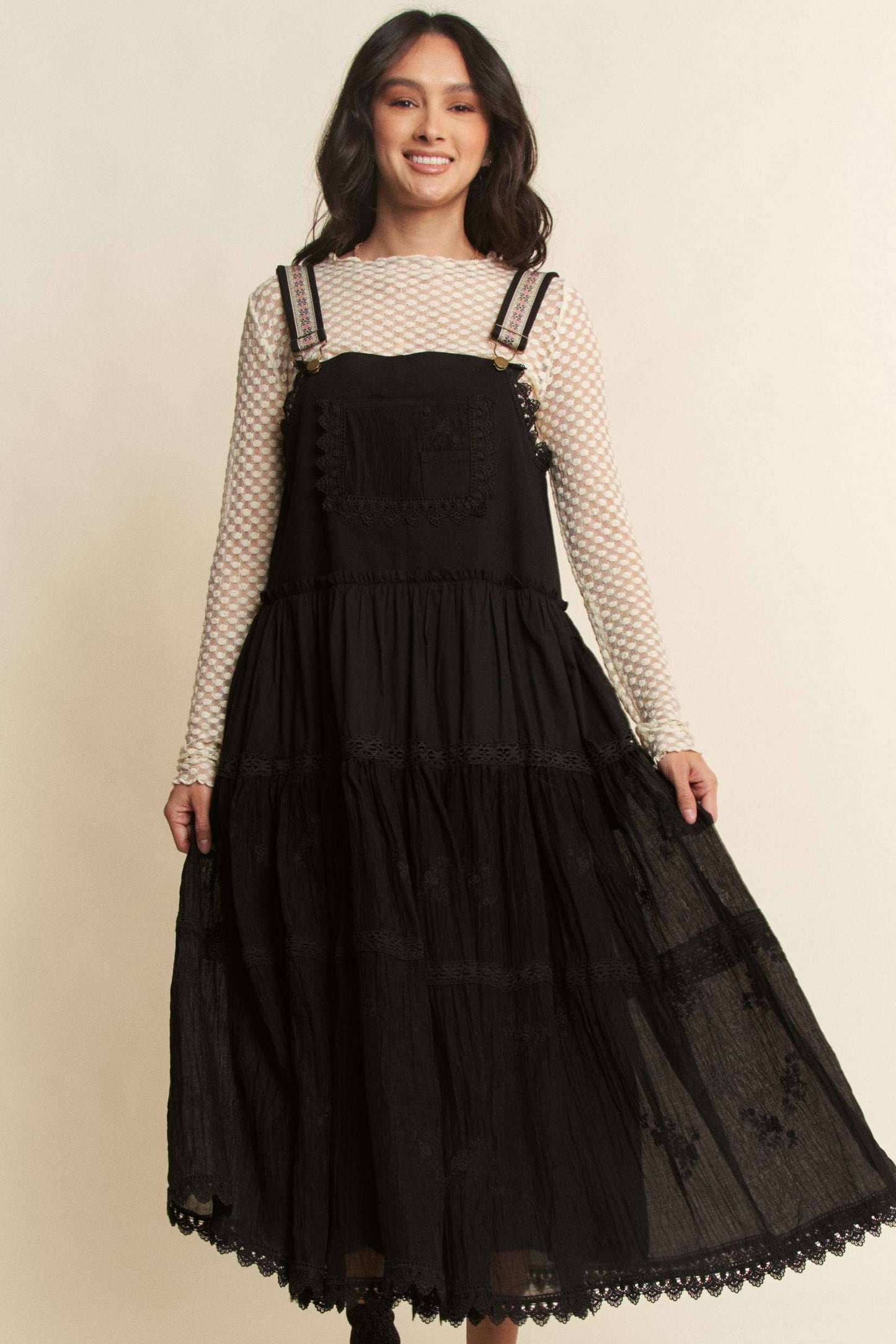 FRONT POCKET EMBROIDERED LACE PINAFORE DRESS