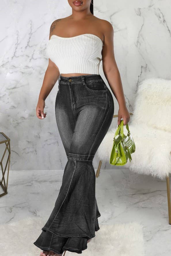 Layered ruffle flare jeans