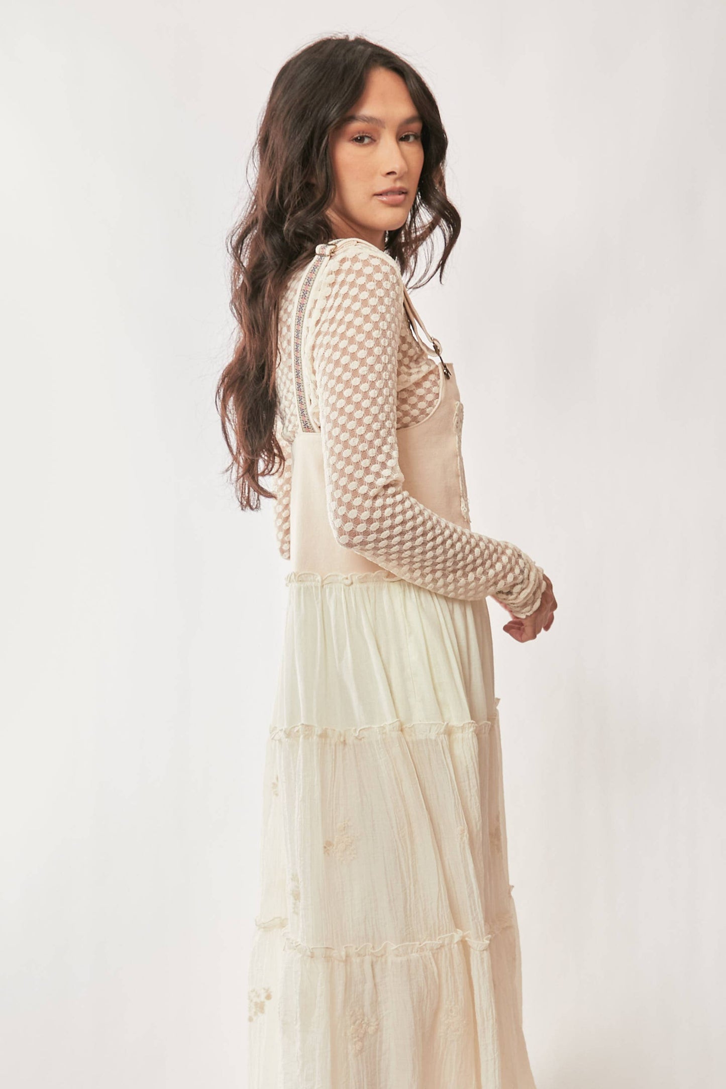 FRONT POCKET EMBROIDERED LACE PINAFORE DRESS