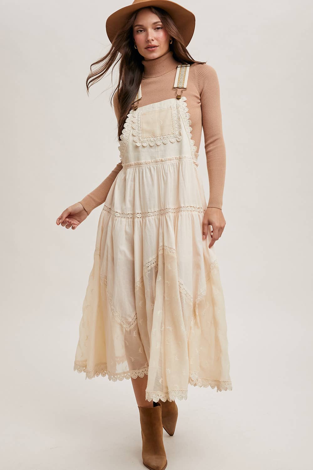 LACE EMBROIDERED TULLE BIB MAXI DRESS