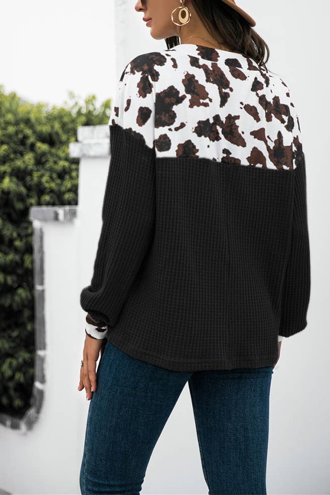 Cow Print Patchwork Western Waffle Knit Blouse Top CF-STC216