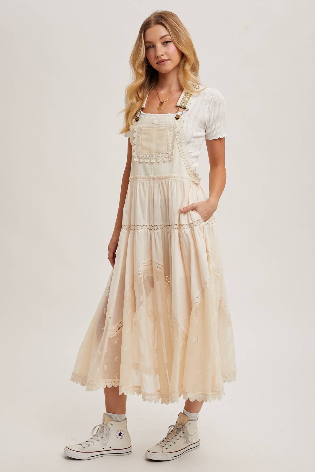LACE EMBROIDERED TULLE BIB MAXI DRESS