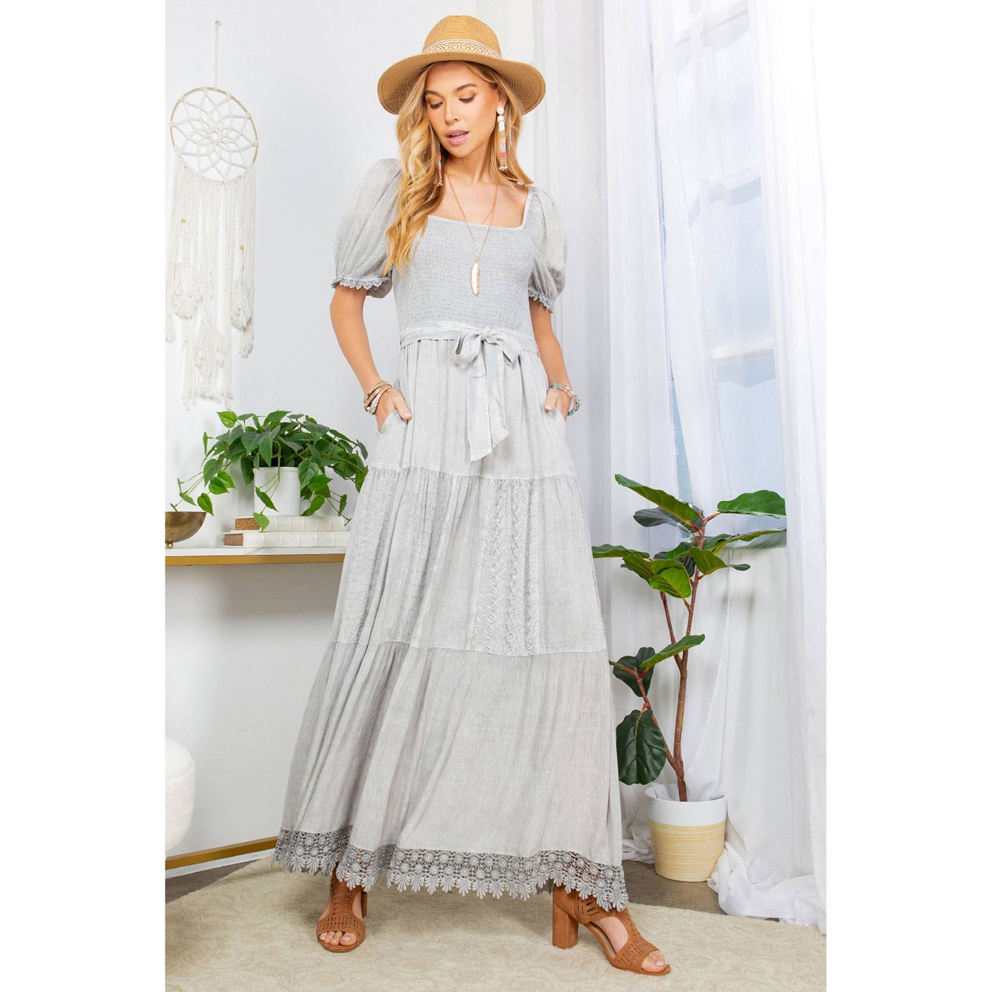 Desert Sunset - Camel Lace-Trimmed Square Neck Dress