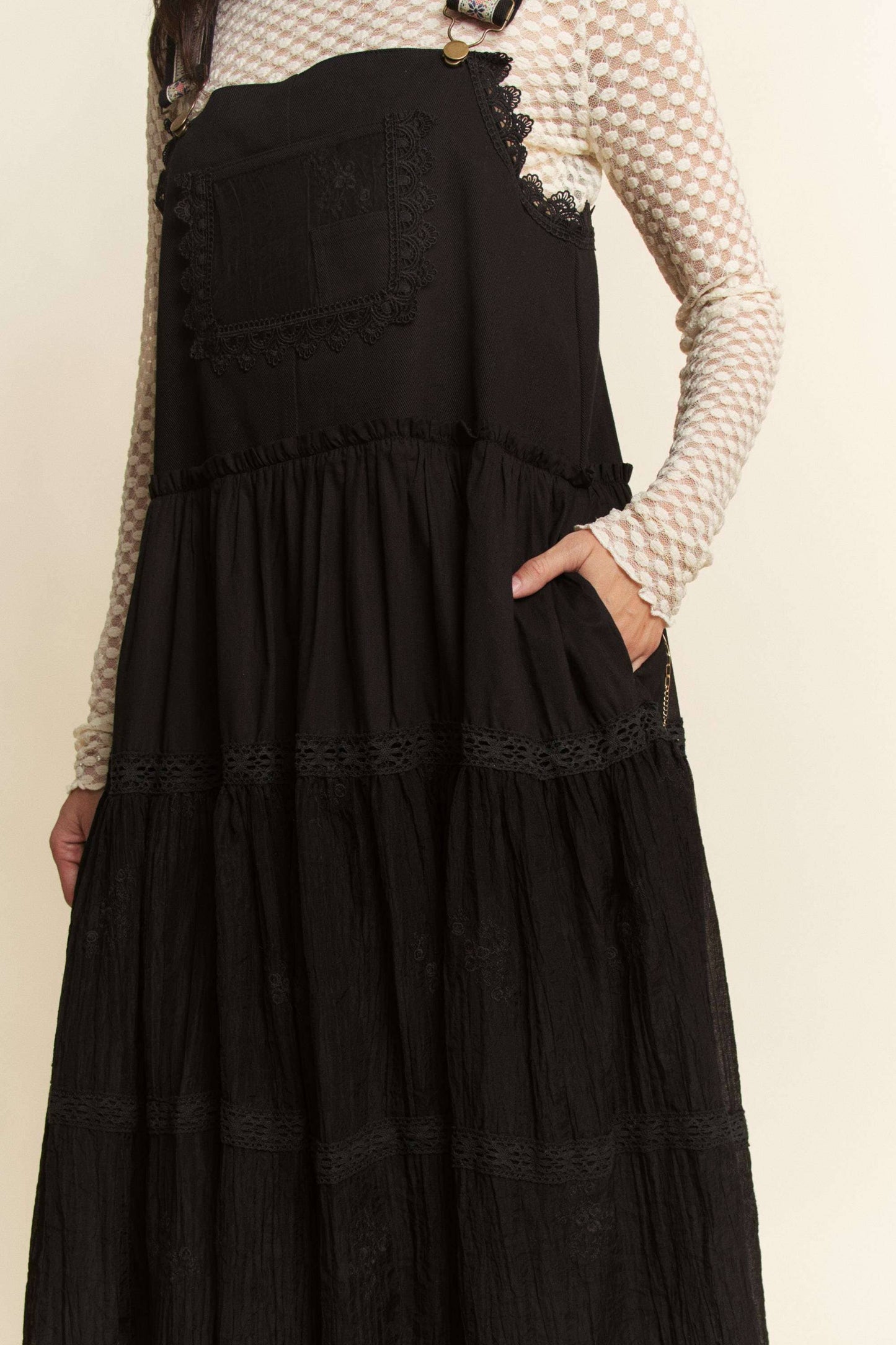 PLUS FRONT POCKET EMBROIDERED LACE PINAFORE DRESS