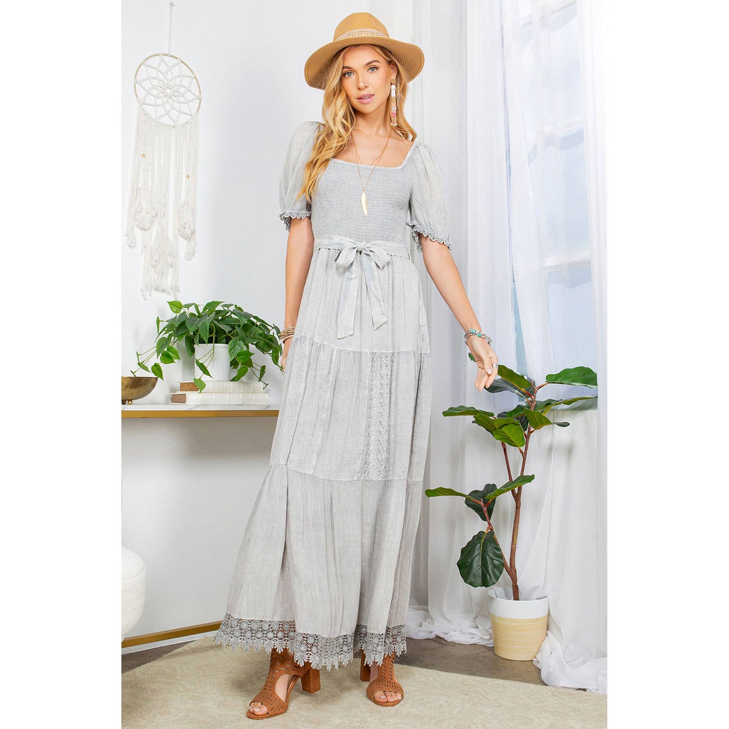 Desert Sunset - Camel Lace-Trimmed Square Neck Dress