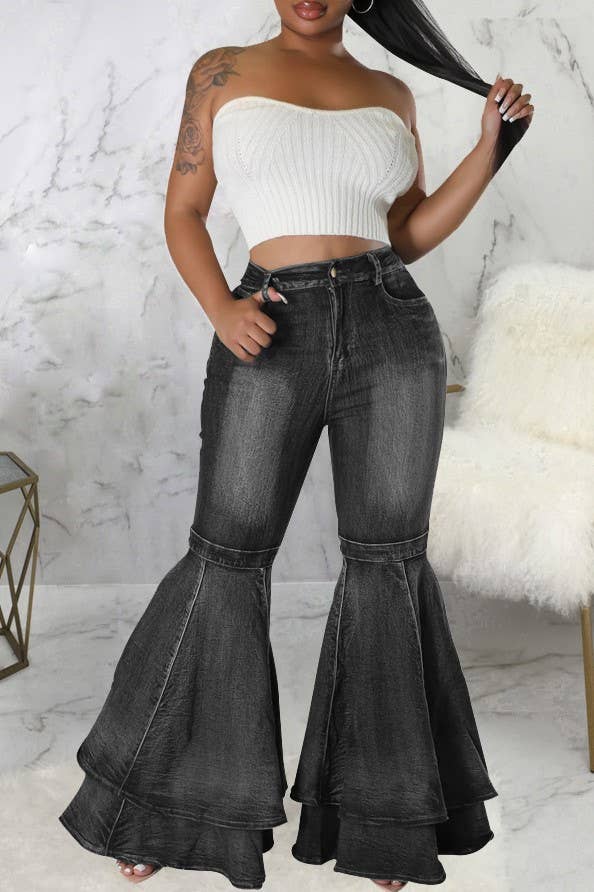 Layered ruffle flare jeans