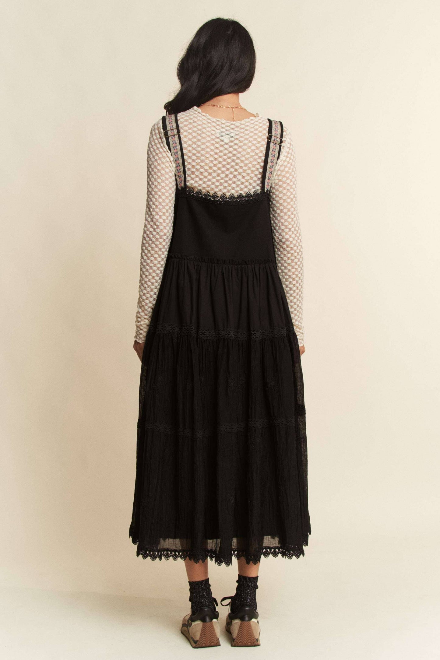 PLUS FRONT POCKET EMBROIDERED LACE PINAFORE DRESS