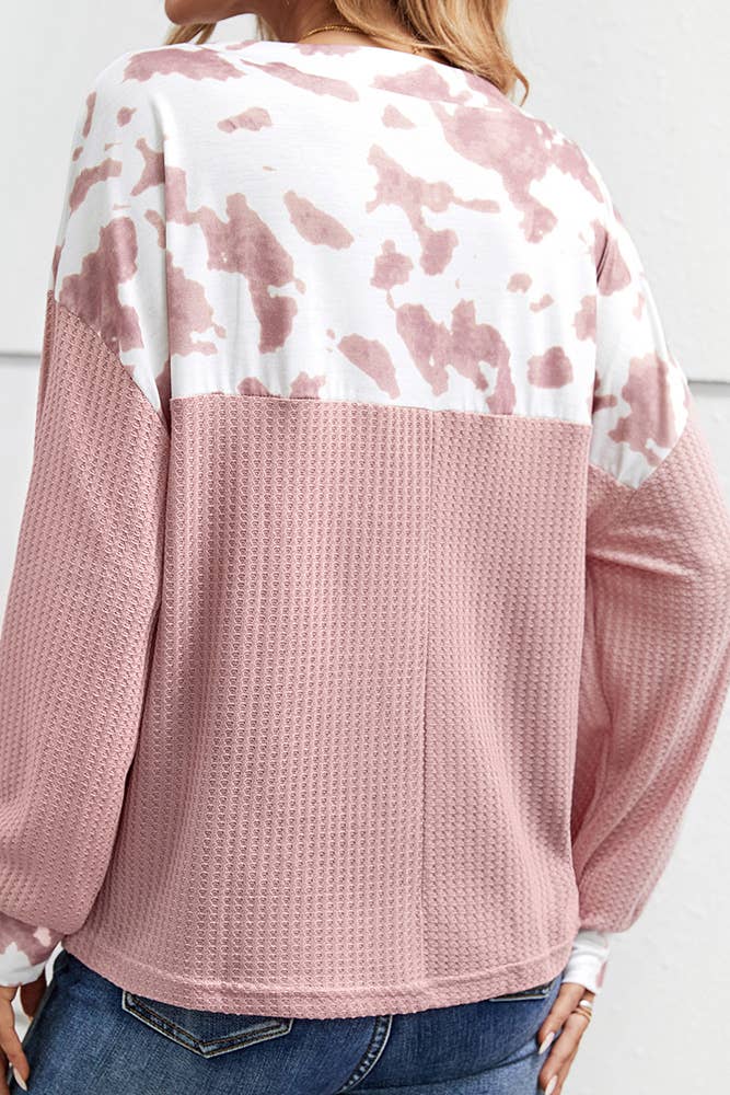 Cow Print Patchwork Western Waffle Knit Blouse Top CF-STC216