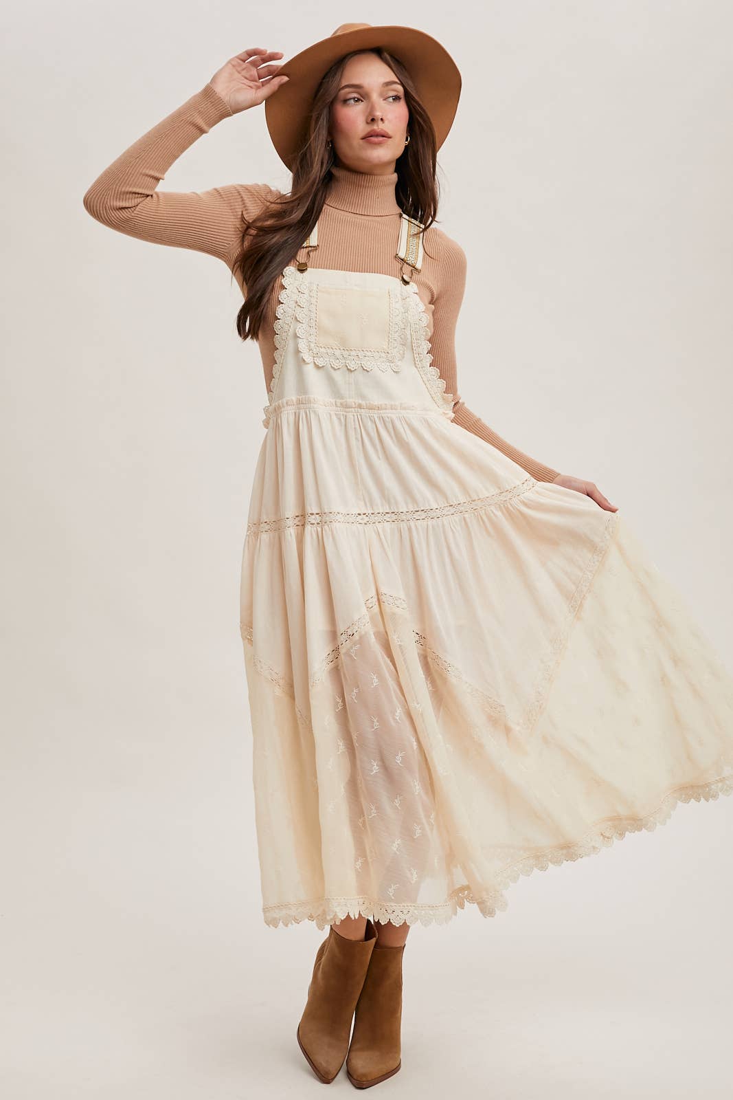 LACE EMBROIDERED TULLE BIB MAXI DRESS