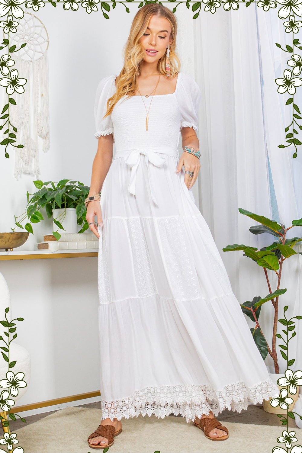 Desert Sunset - Camel Lace-Trimmed Square Neck Dress