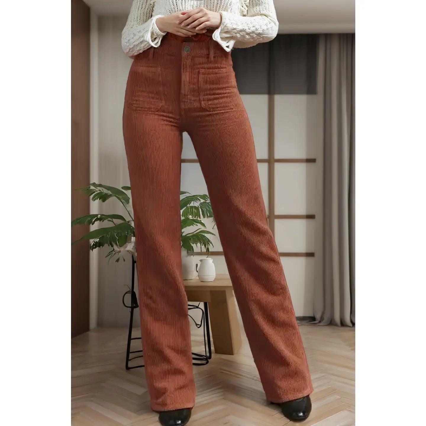High Waist Square Pockets Corduroy Pants