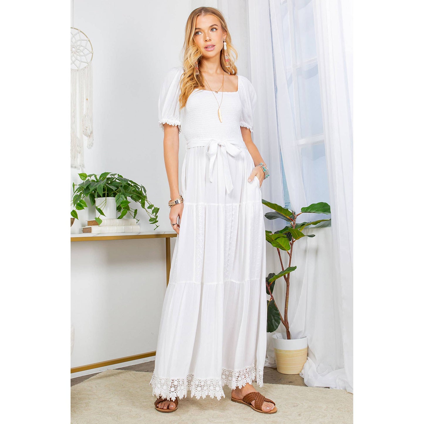 Desert Sunset - Camel Lace-Trimmed Square Neck Dress