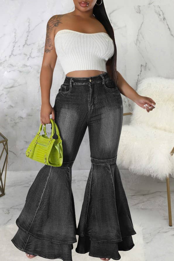 Layered ruffle flare jeans