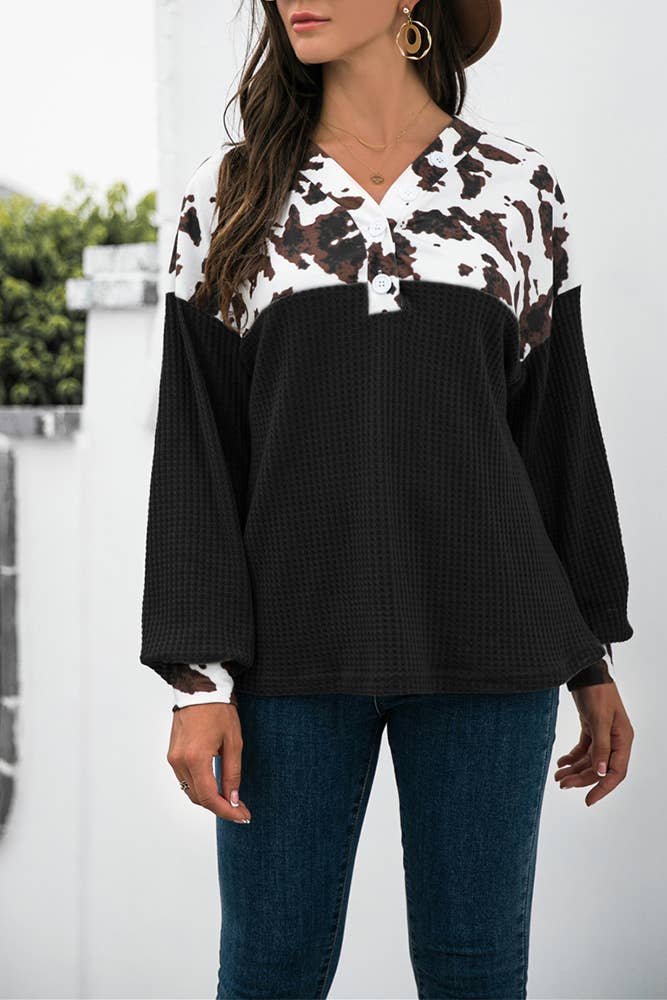 Cow Print Patchwork Western Waffle Knit Blouse Top CF-STC216