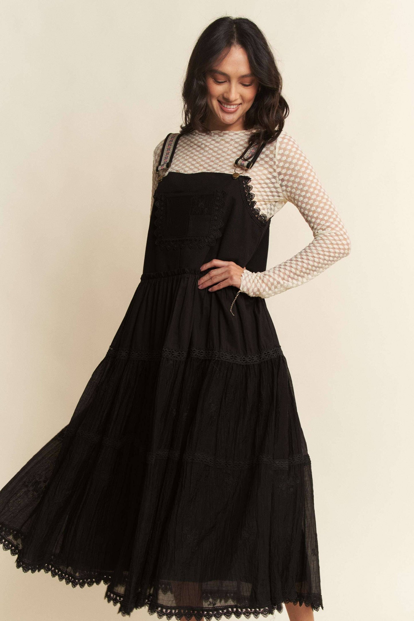 FRONT POCKET EMBROIDERED LACE PINAFORE DRESS