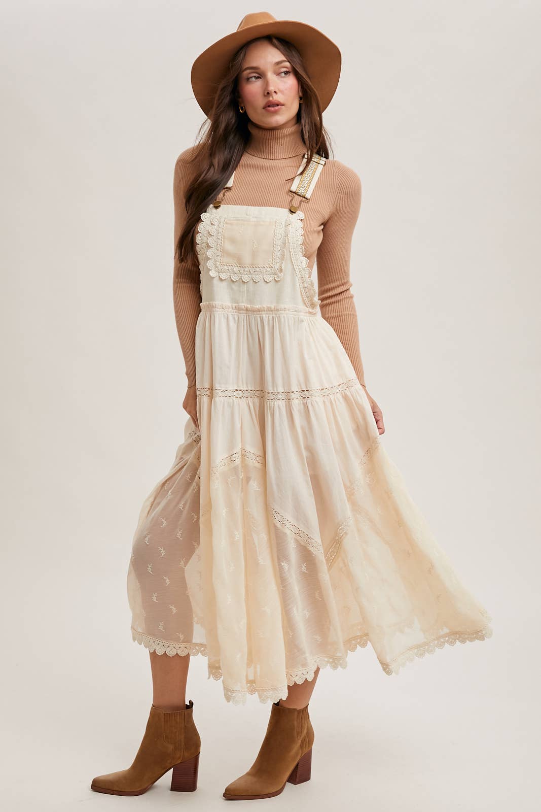 LACE EMBROIDERED TULLE BIB MAXI DRESS