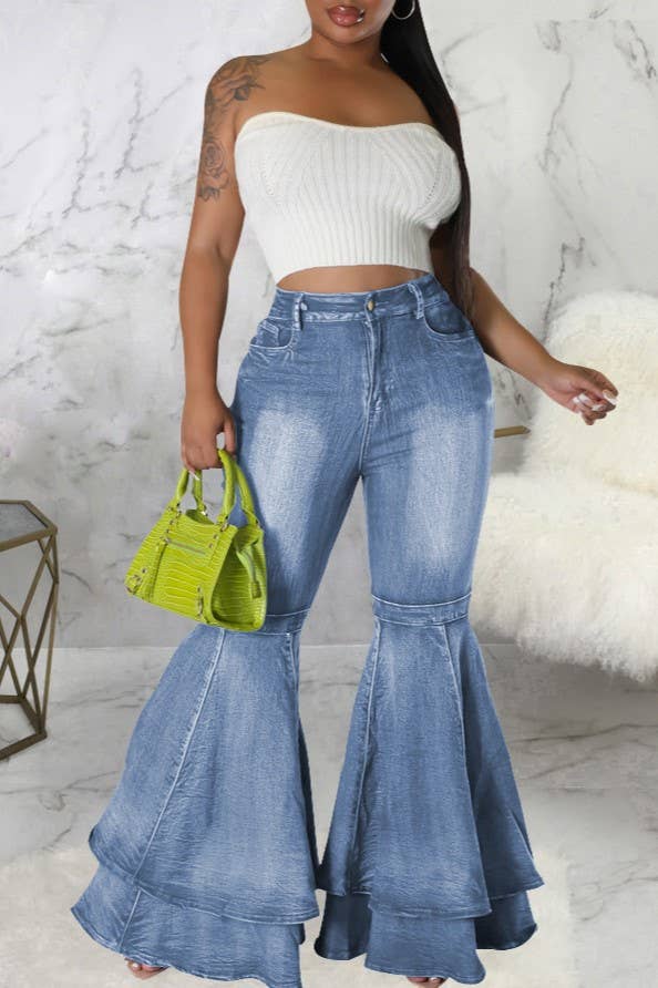 Layered ruffle flare jeans