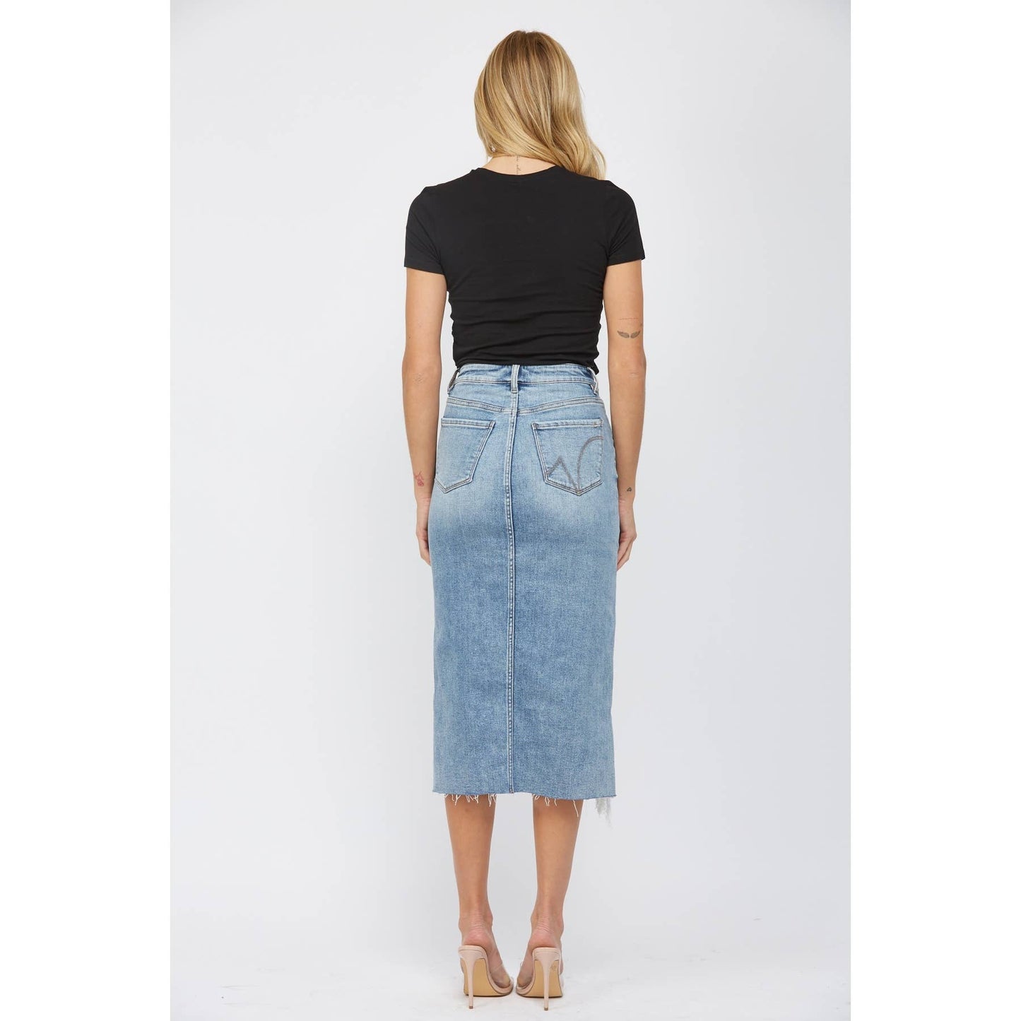 HIGH WAISTED MIDI SKIRT WITH DISTRESSED