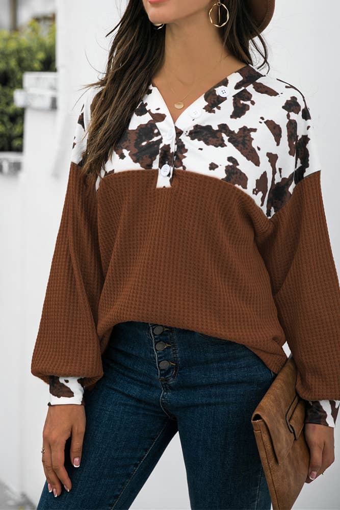 Cow Print Patchwork Western Waffle Knit Blouse Top CF-STC216