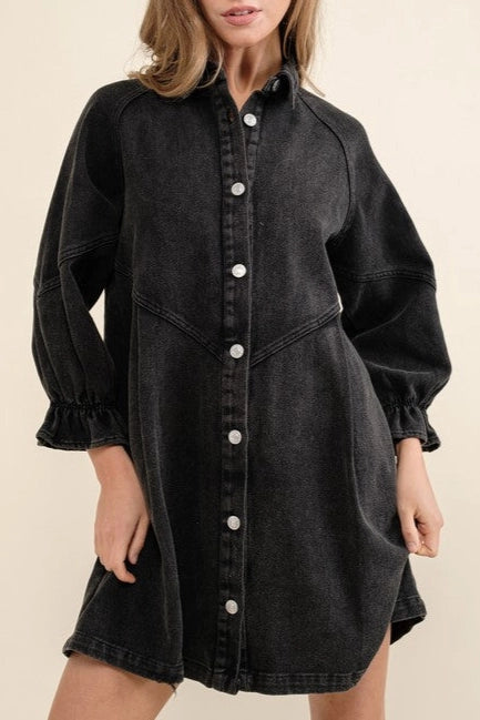 Balloon Sleeve Denim Shirt Mini Dress