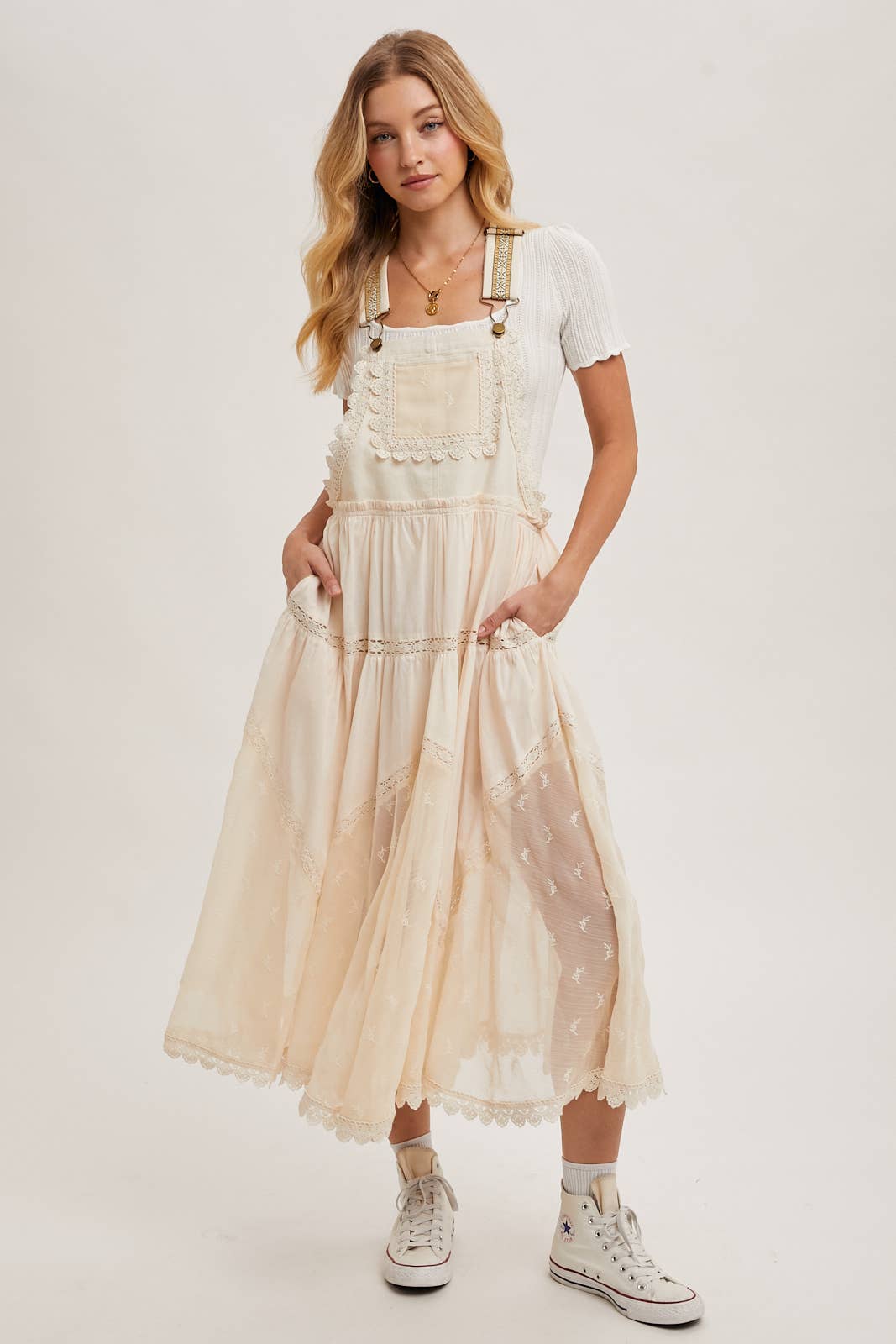LACE EMBROIDERED TULLE BIB MAXI DRESS